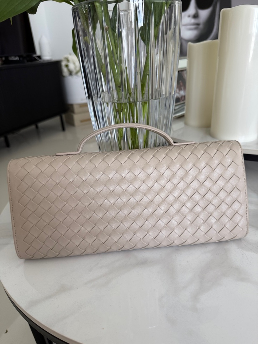 Woven Leather Top-Handle Clutch in Light Beige with Gold Hardware - Picture 2 of 4